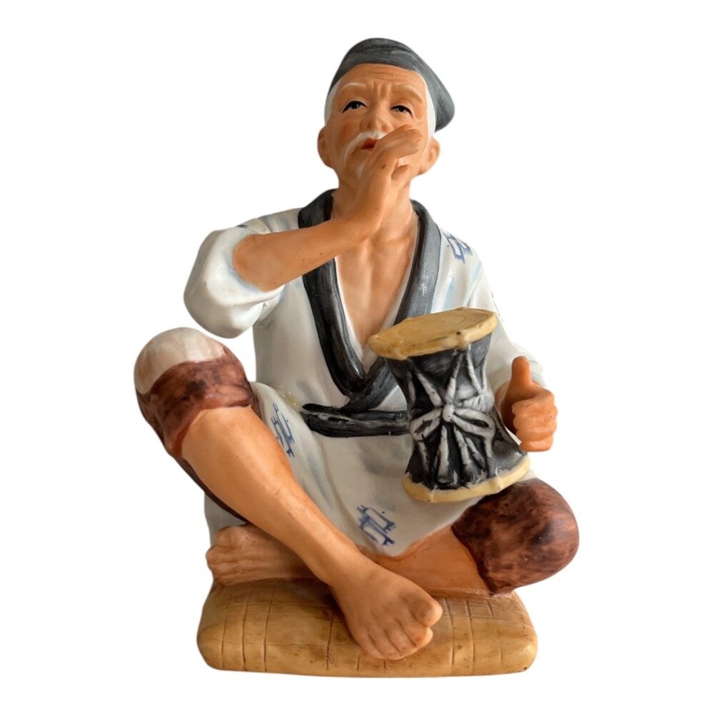 Vintage HOMCO Oriental Musician Figurine Taiwan Porcelain Seated Drum Player Rep